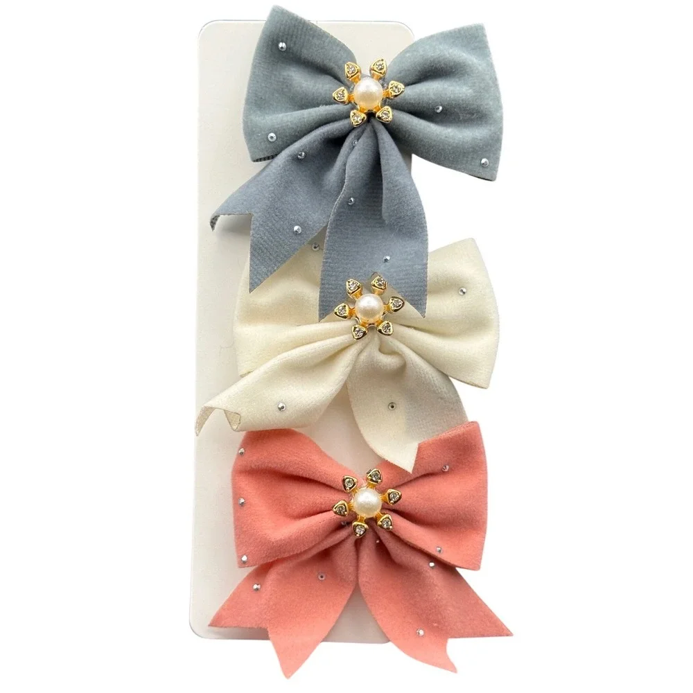 Kids Velvet Glitter Grosgrain Bow Hair Clip Set Pink Cream Grey 3 Piece